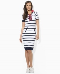 Casual comfort meets effortless style in Lauren by Ralph Lauren's chic short-sleeved dress, crafted from sleek stretch jersey with lace-up ties for a haute finishing touch. Casual comfort meets effortless style in Lauren by Ralph Lauren's chic short-sleeved dress, crafted from sleek stretch jersey with lace-up ties for a haute finishing touch.