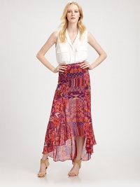 Channel boho-chic in vibrant silk chiffon, fitted at the waist and flared in a fluttering fishtail hem.High waistVertical seamsSide slitAsymmetrical hemSide zipperAbout 44 from natural waistSilkDry cleanMade in USA of imported fabricModel shown is 5'10½ (179cm) wearing US size Small. Channel boho-chic in vibrant silk chiffon, fitted at the waist and flared in a fluttering fishtail hem.High waistVertical seamsSide slitAsymmetrical hemSide zipperAbout 44 from natural waistSilkDry cleanMade in USA of imported fabricModel shown is 5'10½ (179cm) wearing US size Small.