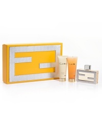 This luxurious Fan di FENDI Eau de Parfum Holiday Day coffret is housed in an iconic FENDI yellow box stitched with Fendi's iconic double F symbol – Fendi Forever - in a shiny python-like material. This set contains a 2.5 oz. Eau de Toilette, a 2.5 oz. Body Lotion, and a 2.5 oz. Shower Gel. This luxurious Fan di FENDI Eau de Parfum Holiday Day coffret is housed in an iconic FENDI yellow box stitched with Fendi's iconic double F symbol – Fendi Forever - in a shiny python-like material. This set contains a 2.5 oz. Eau de Toilette, a 2.5 oz. Body Lotion, and a 2.5 oz. Shower Gel.