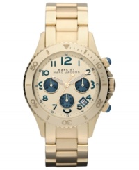With bold blue accents, this golden Marc by Marc Jacobs watch will receive a ton of second looks. With bold blue accents, this golden Marc by Marc Jacobs watch will receive a ton of second looks.