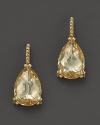 Faceted pear shape canary crystal earrings in 18K yellow gold. By Judith Ripka.