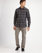 A clean, easy-wearing look is cut from pinpoint oxford cotton with plaid checks and modern style. Buttonfront Chest patch pocket Cotton Dry clean Imported 