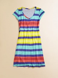 Cheery stripes will brighten your outlook any day, styled with t-shirt simplicity and softness.V necklineShort sleevesSlight A-line shapePullover stylingMicro modalHand washMade in USA Cheery stripes will brighten your outlook any day, styled with t-shirt simplicity and softness.V necklineShort sleevesSlight A-line shapePullover stylingMicro modalHand washMade in USA