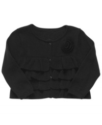Adorably cute cardigan by Carter's with ruffle and flower detail will dress your little girl in fashionable style. Adorably cute cardigan by Carter's with ruffle and flower detail will dress your little girl in fashionable style.