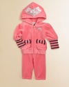 This adorable, coordinating velour set includes a zip-front hoodie with stripes, bows and matching sweatpants for a look that marries fashion and function.Attached hoodLong puff sleevesFront zipFront patch pocketsElastic waistbandJacket: 78% cotton/22% polyesterPants: CottonMachine washImported