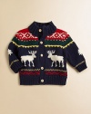 With its classic knit reindeer design, a sweet combed cotton cardigan captures the spirit of the season.Ribbed stand collarLong sleevesButton-frontRibbed cuffs and hemCottonMachine washImported Please note: number of buttons may vary depending on size ordered. 