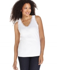 A little bit of lace gives this basic tank top from Karen Scott a delicate touch. At a terrific price, you'll want to snag a few for layering throughout seasons! A little bit of lace gives this basic tank top from Karen Scott a delicate touch. At a terrific price, you'll want to snag a few for layering throughout seasons!