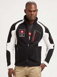 A sleek fleece full-zip jacket with contrast piecing features multiple pockets and a ski-inspired patch for sporty style.Two-way zip frontStand collarZippered chest, waist pocketsPolyesterMachine washImported A sleek fleece full-zip jacket with contrast piecing features multiple pockets and a ski-inspired patch for sporty style.Two-way zip frontStand collarZippered chest, waist pocketsPolyesterMachine washImported