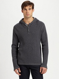 Essential for weekend wear, combine this striped, waffle-knit polo over your favorite t-shirt and denim combo for an effortlessly, stylish look.Three-button placketAttached hoodCottonHand washImported Essential for weekend wear, combine this striped, waffle-knit polo over your favorite t-shirt and denim combo for an effortlessly, stylish look.Three-button placketAttached hoodCottonHand washImported