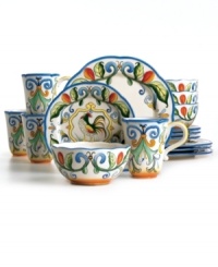 Old-world country style meets modern craftsmanship in the Ricamo dinnerware set from Fitz & Floyd. Each stoneware piece is carefully embossed and hand painted with bright blooms or crowing roosters that bring new life to casual tables. Old-world country style meets modern craftsmanship in the Ricamo dinnerware set from Fitz & Floyd. Each stoneware piece is carefully embossed and hand painted with bright blooms or crowing roosters that bring new life to casual tables.