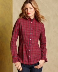 Tommy Hilfiger's cotton shirt combines a festive plaid print with ruffle trim at the collar and cuffs. Tommy Hilfiger's cotton shirt combines a festive plaid print with ruffle trim at the collar and cuffs.