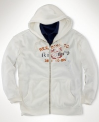 A comfortable and casual statement, this faded full-zip fleece jacket features a soft, waffle-lined hood and weathered graphic print for a lived-in look. A comfortable and casual statement, this faded full-zip fleece jacket features a soft, waffle-lined hood and weathered graphic print for a lived-in look.