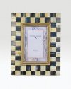 An elegant way to display a treasured photo, this hand-painted wood frame combines bold checks with hints of jewel-tone color and gilt inner molding.Hand-painted wood Glass Accommodates a 4 X 6 photograph Overall, 9 X 11 Cloth-covered easel and back Imported