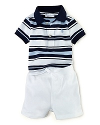 A short-sleeved striped polo shirt pairs with an ultra-soft cotton mesh pant for a comfortable, preppy look. A short-sleeved striped polo shirt pairs with an ultra-soft cotton mesh pant for a comfortable, preppy look.