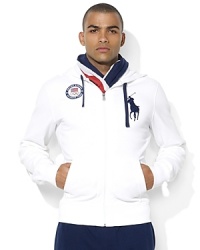 Rendered in luxuriously lightweight fleece, a trim-fitting full-zip hoodie celebrates Team USA's participation in the 2012 Olympic Games with bold country embroidery. Rendered in luxuriously lightweight fleece, a trim-fitting full-zip hoodie celebrates Team USA's participation in the 2012 Olympic Games with bold country embroidery.
