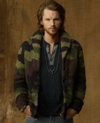 A classic camouflage pattern lays the foundation for a shawl-collar cardigan in a hardy wool blend, designed for superior warmth and a rustic heritage look. A classic camouflage pattern lays the foundation for a shawl-collar cardigan in a hardy wool blend, designed for superior warmth and a rustic heritage look.