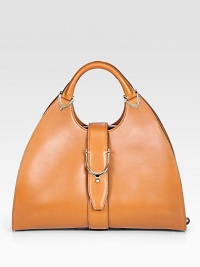Cuir leather, finished with goldtone hardware, and a stirrup strap closure.Double top handles, 5 drop Stirrup snap and side hook closures Protective metal feet Inside zip, snap, cell phone and PDA pockets Linen lining 15½W X 9½H X 6½D Made in Italy Cuir leather, finished with goldtone hardware, and a stirrup strap closure.Double top handles, 5 drop Stirrup snap and side hook closures Protective metal feet Inside zip, snap, cell phone and PDA pockets Linen lining 15½W X 9½H X 6½D Made in Italy