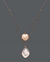 Add a touch of femininity in subtle blush-tone hues. Studio Silver's delicate two-row pendant features a rose quartz drop (15-1/2 ct. t.w.) and a polished disc. Crafted in 18k rose gold over sterling silver. Approximate length: 16 to 18 inches. Approximate drop: 3/4 inch. Add a touch of femininity in subtle blush-tone hues. Studio Silver's delicate two-row pendant features a rose quartz drop (15-1/2 ct. t.w.) and a polished disc. Crafted in 18k rose gold over sterling silver. Approximate length: 16 to 18 inches. Approximate drop: 3/4 inch.