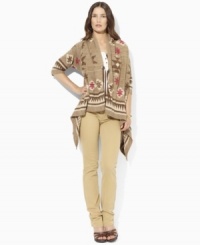 Lauren Jeans Co.'s Southwestern-inspired cardigan is knit in lightweight linen and finished with a bold allover pattern. Lauren Jeans Co.'s Southwestern-inspired cardigan is knit in lightweight linen and finished with a bold allover pattern.