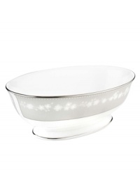 Pass the vegetables in a pleasing bone china bowl decorated with a delicate floral design with textured white beads and elegant platinum trim. From Lenox's dinnerware and dishes collection. Pass the vegetables in a pleasing bone china bowl decorated with a delicate floral design with textured white beads and elegant platinum trim. From Lenox's dinnerware and dishes collection.