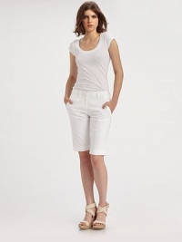 Clean lines shapes this slightly elongated silhouette of crisp stretch canvas.Mid-rise waistband Zip-fly Angled pockets Inseam, about 13 98% cotton/2% Lycra Dry clean Made in USA Clean lines shapes this slightly elongated silhouette of crisp stretch canvas.Mid-rise waistband Zip-fly Angled pockets Inseam, about 13 98% cotton/2% Lycra Dry clean Made in USA