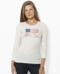 Lauren Ralph Lauren's patriotic tee embodies heritage style in a waffle-knit design with a distressed flag patch sewn at the front. Lauren Ralph Lauren's patriotic tee embodies heritage style in a waffle-knit design with a distressed flag patch sewn at the front.