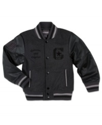 From a company that knows all about making authentic athleticwear: The snap-front varsity jacket from Converse, with a basketball back graphic that reads 08 All Star. From a company that knows all about making authentic athleticwear: The snap-front varsity jacket from Converse, with a basketball back graphic that reads 08 All Star.