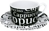 Konitzs 7-Ounce Writing On Black Cappuccino Cups and Saucers, Black/White, Set of 4
