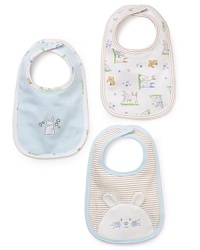 This set of bunny bibs includes one with velour bunny embroidery, one with a bunny print and one with a single mini bunny. This set of bunny bibs includes one with velour bunny embroidery, one with a bunny print and one with a single mini bunny.