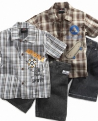Roll with it. He'll have no problem kicking back and having fun in this plaid shirt and jean short Airwalk set from Clubhouse. Roll with it. He'll have no problem kicking back and having fun in this plaid shirt and jean short Airwalk set from Clubhouse.