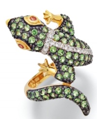 An aesthetically-pleasing amphibian. Round-cut white topaz (1/4 ct. t.w.), chrome diopside (1-7/8 ct. t.w.) and orange sapphire accents adorn this adorable lizard ring. Set in 14k gold-plated sterling silver. Size 7.