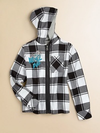 He'll want to live in this skateboarder-inspired hoodie with logo graffiti in a bold plaid pattern.Attached hoodLong sleeves with button cuffsZip-frontPatch pocketCottonMachine washImported He'll want to live in this skateboarder-inspired hoodie with logo graffiti in a bold plaid pattern.Attached hoodLong sleeves with button cuffsZip-frontPatch pocketCottonMachine washImported