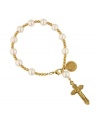 Get symbolic style with rosary-themed jewelry by Vatican. This unique bracelet features a crucifix and The Vatican Library Collection charm with polished glass pearls strung on a delicate gold tone mixed metal chain. Approximate length: 7-1/2 inches. Approximate charm drop: 1-3/4 inches.
