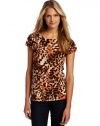 Anne Klein Women's Animal Print Top, Orange/Brown/Beige, Medium