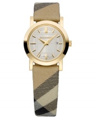 This Burberry watch features a Haymarket printed leather strap and round goldtone ion-plated stainless steel case. Etched champagne dial with goldtone stick indices, logo and date window. Swiss made. Swiss movement. Water resistant to 50 meters. Two-year limited warranty.