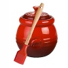 Charming stoneware pot includes a silicone and wood basting brush.