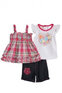 Baby Togs Infant Girls (12-24mo) 3pc pink plaid smock tank top & jean shorts set Baby Togs Infant Girls (12-24mo) 3pc pink plaid smock tank top & jean shorts set