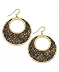 Exotic elegance, by Alfani. Circular python-embossed drop earrings crafted from gold tone mixed metal. Approximate drop: 1-3/4 inches. Exotic elegance, by Alfani. Circular python-embossed drop earrings crafted from gold tone mixed metal. Approximate drop: 1-3/4 inches.