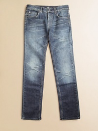 Featuring whiskering and a light-blue hue, these jeans offer a comfortable fit, thanks to a touch of stretch.Button closureZip flyFive-pocket styleBelt loopsMetal rivet details 98% cotton/2% spandexMachine washImported Featuring whiskering and a light-blue hue, these jeans offer a comfortable fit, thanks to a touch of stretch.Button closureZip flyFive-pocket styleBelt loopsMetal rivet details 98% cotton/2% spandexMachine washImported