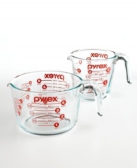 A universal tool, most kitchens would ground to a halt without the classic Pyrex measuring cup. Making food preparation easier from beginning to end, these go-anywhere, do-anything cups offers precise measurements for fantastic cooking results. Pictured on left. Two-year limited warranty. A universal tool, most kitchens would ground to a halt without the classic Pyrex measuring cup. Making food preparation easier from beginning to end, these go-anywhere, do-anything cups offers precise measurements for fantastic cooking results. Pictured on left. Two-year limited warranty.