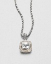 From the Petite Albion Collection. A beautifully faceted square white topaz surrounded in dazzling diamond set in sterling silver on a box link chain. White topazDiamonds, .18 tcwSterling silverLength, about 17Pendant size, about .25Lobster clasp closureImported 