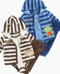 Dress him up in coziness with this charming bodysuit, hoodie, and pant set by First Impressions. Dress him up in coziness with this charming bodysuit, hoodie, and pant set by First Impressions.