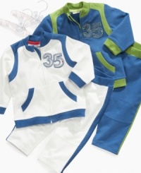 Keep him running comfortably on all cylinders with this active jacket and pant set from First Impressions. Keep him running comfortably on all cylinders with this active jacket and pant set from First Impressions.