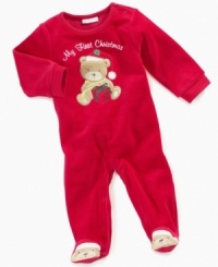He'll be bearably cozy and comfortable as he brings joy to the room with this adorable bear footed Christmas velour coverall by First Impressions. He'll be bearably cozy and comfortable as he brings joy to the room with this adorable bear footed Christmas velour coverall by First Impressions.