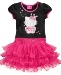 Pretty party style. A flowing sparkle tutu and crown Hello Kitty graphic means this Hello Kitty dress will stand out. Pretty party style. A flowing sparkle tutu and crown Hello Kitty graphic means this Hello Kitty dress will stand out.