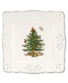 When it's that time of year, bring out the signs of the season. Beautiful cut-out detailing borders the colorful Christmas tree on this square tray from Spode's collection of serveware and serving dishes. It's the perfect accent to your holiday entertaining.