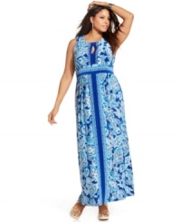 Flaunt a hint of skin with INC's sleeveless plus size maxi dress, showcasing keyholes at the front and back. Flaunt a hint of skin with INC's sleeveless plus size maxi dress, showcasing keyholes at the front and back.