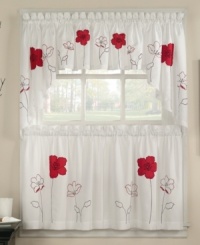 Decorated with lush red poppies embroidered on a soft white background, the Poppy window tier offers an artistic and modern point of view fit for any window. Coordinate with matching valance to complete the look. Decorated with lush red poppies embroidered on a soft white background, the Poppy window tier offers an artistic and modern point of view fit for any window. Coordinate with matching valance to complete the look.