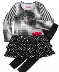 Stripes and polka dots galore! Add a sequined heart and your little one will dazzled by her Flapdoodles dress set. Stripes and polka dots galore! Add a sequined heart and your little one will dazzled by her Flapdoodles dress set.