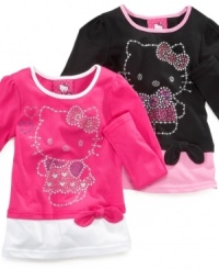 Shimmer on! Hello Kitty gets a rhinestone makeover in this adorable tie detail top. Shimmer on! Hello Kitty gets a rhinestone makeover in this adorable tie detail top.
